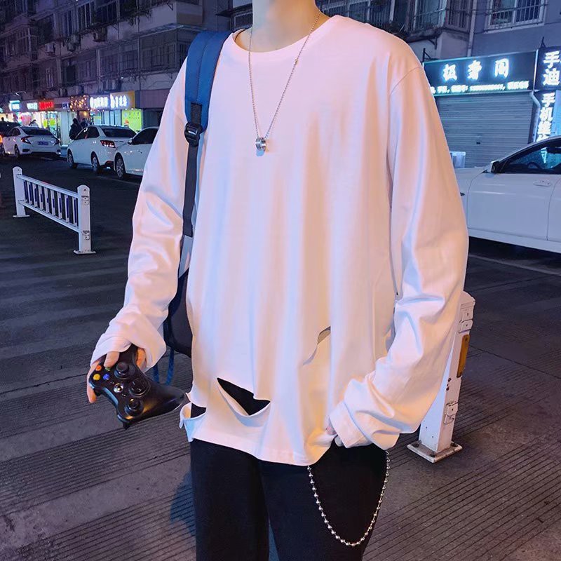 Áo thun dài tay dáng rộng rách phong cách hiphop Hàn Quốc cá tính size M-3XL | BigBuy360 - bigbuy360.vn