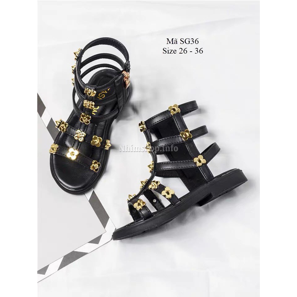 Sandal chiến binh bé gái 3 - 4 tuổi cổ cao khóa kéo màu đen đính hoa thời trang SG36