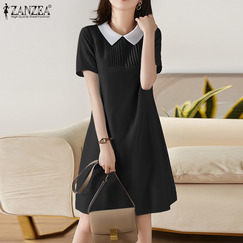 Đầm midi Zanzea tay ngắn màu trơn có túi thời trang Hàn Quốc thanh lịch cho nữ