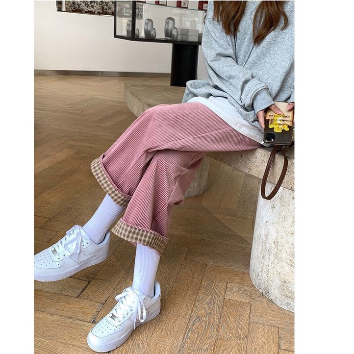 Xiaozhainv Quần dài ống rộng họa tiết caro thời trang phong cách Hàn Quốc cho nữ