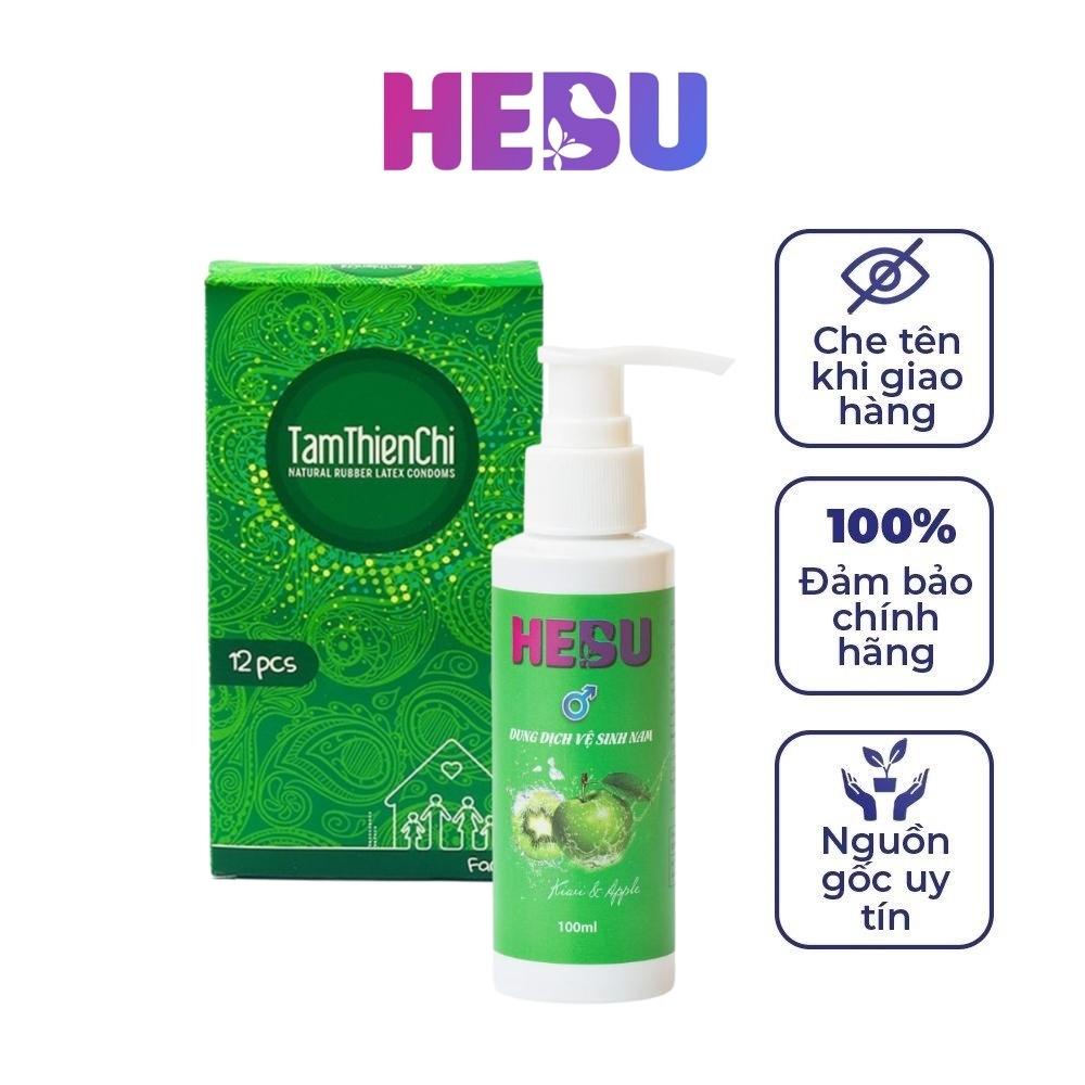 Combo dung dịch vệ sinh nam HEBU dạng gel hương táo kiwi và bao cao su Tâm Thiện Chí Family hộp 12 cái