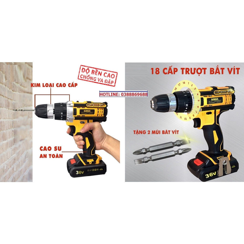 Máy khoan pin 36V 3 chức năng - Tặng bộ phụ kiện 24 chi tiết, Lõi đồng, Máy bắn vít cầm tay