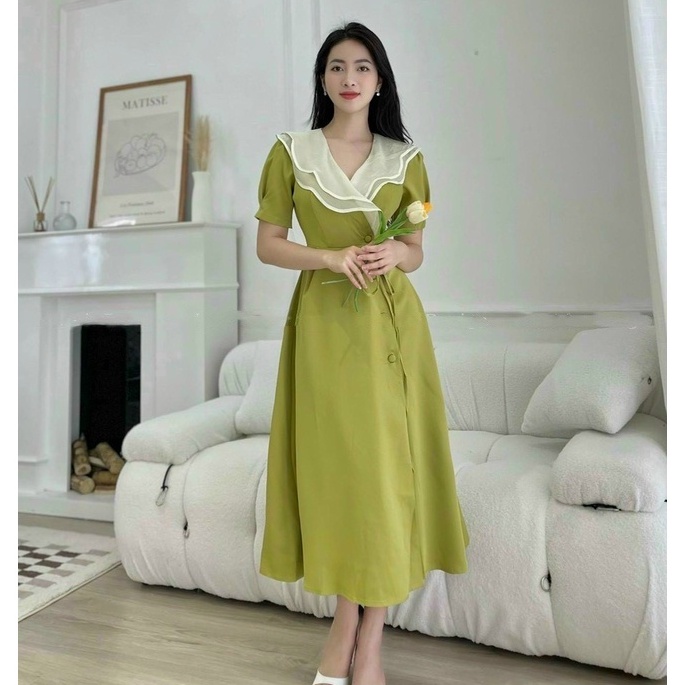 Đầm váy xòe nữ hàn quốc dự tiệc cưới,dạo phố,đầm thiết kế dáng dài cổ phối  bèo tằm ánh kim thời trang XM Minh Phúc