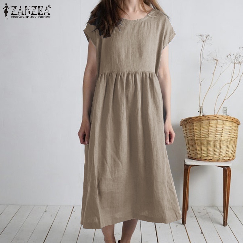 Đầm Dài Tay Ngắn Màu Trơn Có Túi Thời Trang Cho Nữ ZANZEA