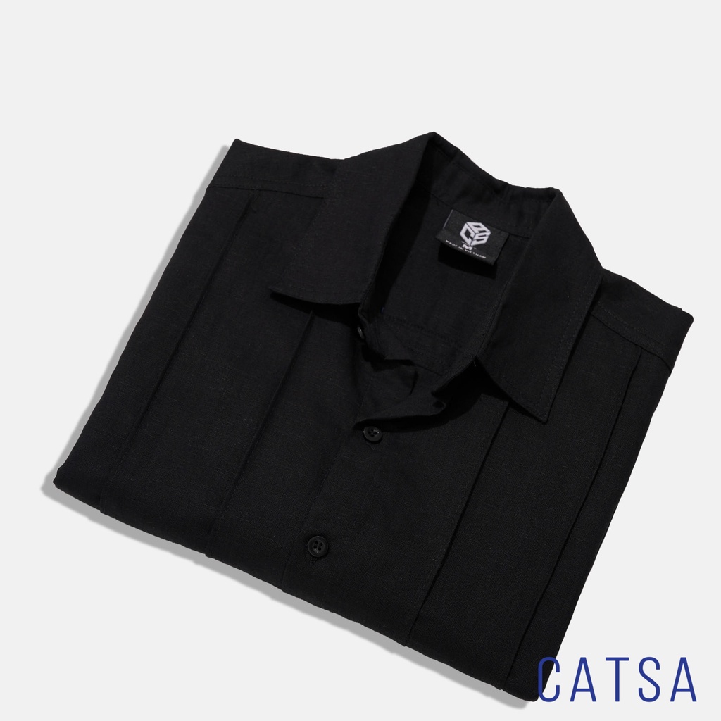 Áo sơ mi đen nam tay ngắn Oversize cổ bẻ vải kaki cotton mềm mại, co giản, thoải mái CATSA ASN174