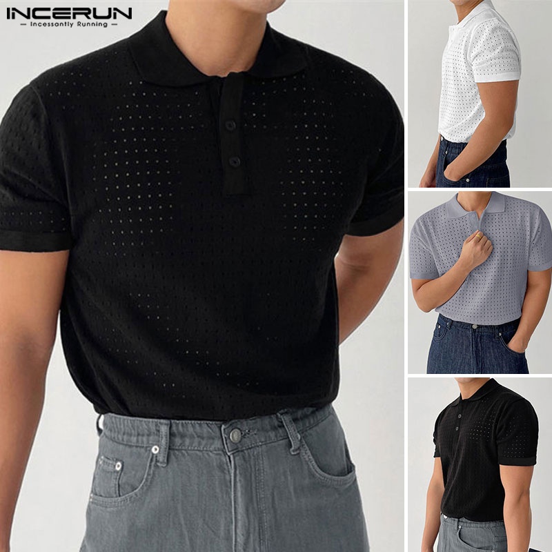 Áo thun polo INCERUN dệt kim ngắn tay thoáng khí phối nút thời trang dành cho nam