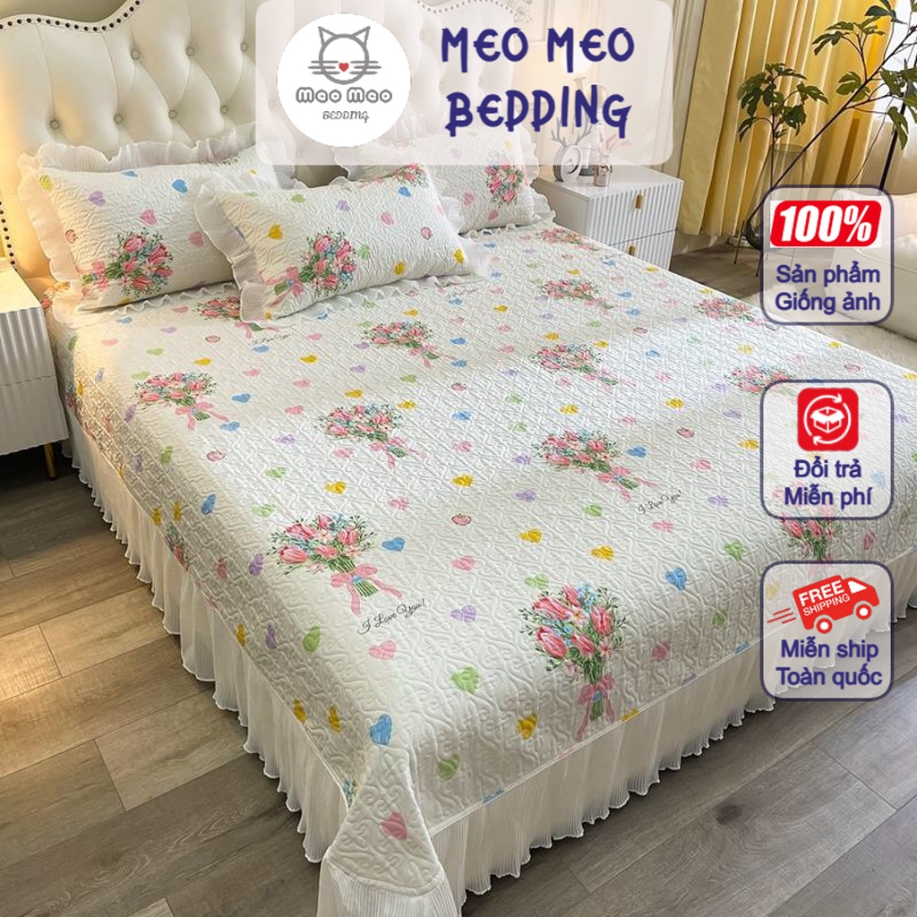 Bộ Chăn Ga Gối Cotton Ga Trần Phối Ren Cao Cấp