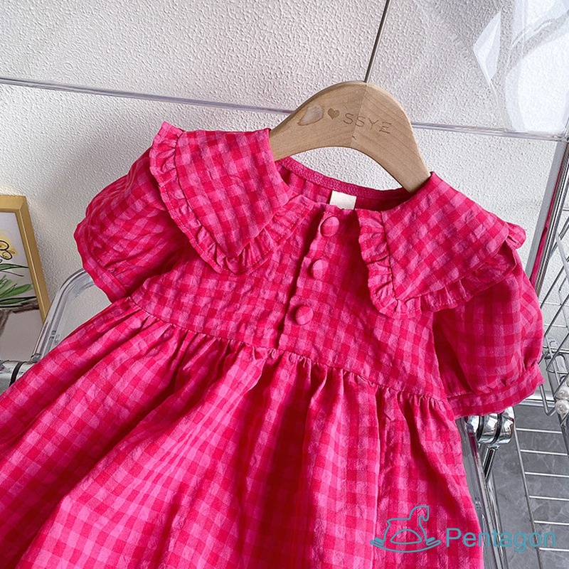 Đầm Công Chúa Tay Phồng In Họa Tiết Caro Dễ Thương Phong Cách Hàn Quốc Thời Trang Mùa Hè Cho Bé Gái