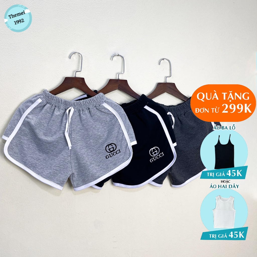Quần đùi short nữ THE MEI 1992 cao cấp - Quần sooc nữ cạp chun chất cotton thể thao thêu chữ Gucci