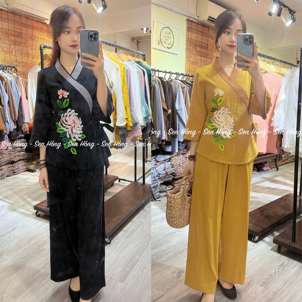 Quần áo đi chùa thiết kế # đồ lam sang trọng # mẫu Phật tử vải Đũi Hàn dày đẹp thêu hoa cúc B8