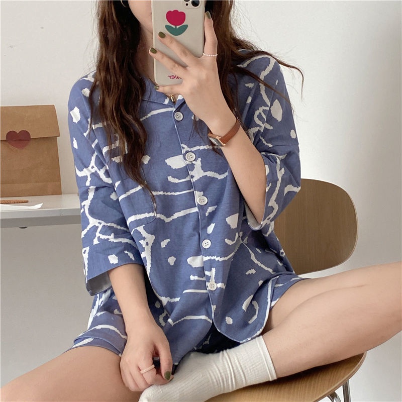 Bộ Đồ Ngủ Tay Ngắn In Họa Tiết Dễ Thương Phong Cách Hàn Quốc Thời Trang Mùa Hè
