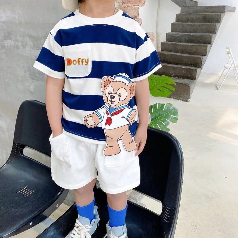 Áo Thun Cotton Ngắn Tay Họa Tiết Kẻ Sọc Hoạt Hình Thời Trang Mùa Hè Cho Trẻ Em