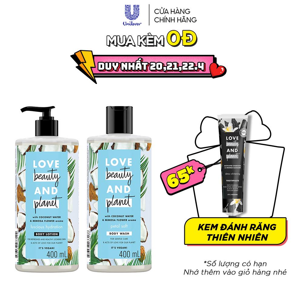 Combo sữa tắm và sữa dưỡng thể Love Beauty and Planet chăm da mềm mịn với 100% dừa tươi organic và hoa mimosa 400ml