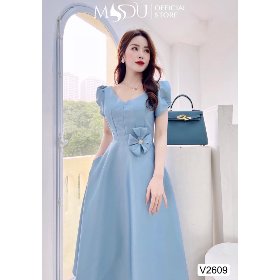 Đầm chất chất tafta xanh ngọc cổ V dáng xòe điểm nhấn hoa V2609 - HELASHOP [kèm ảnh thật]