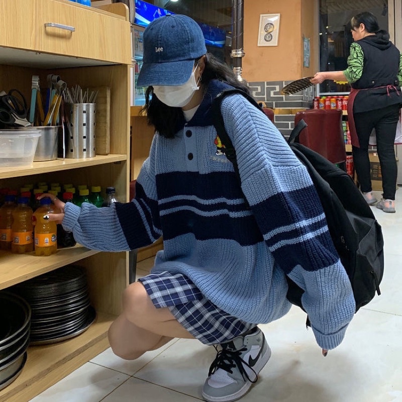 ÁO LEN POLO KẺ DÀI TAY UNISEX PHONG CÁCH HÀN QUỐC DỆT KIM PHỐI MÀU