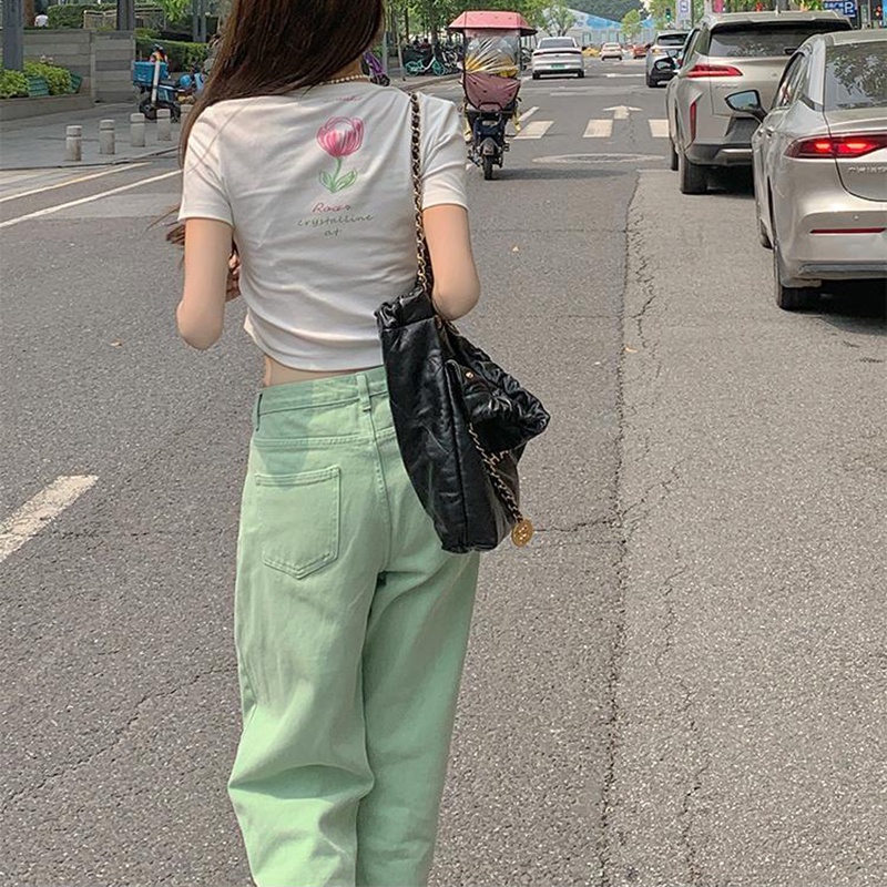 Quần denim IELGY dáng rộng xẻ tà màu xanh lá nhạt sang chảnh thời trang dành cho nữ