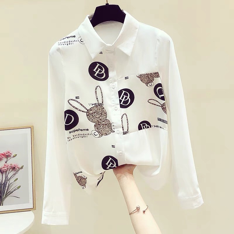 Áo Sơ Mi Nữ Tay Dài Cổ Bẻ In Hình Thỏ Con Dễ Thương Chất Lụa Mịn Mát Mặc Đẹp Siêu Xinh [VUA SỈ ONLINE]