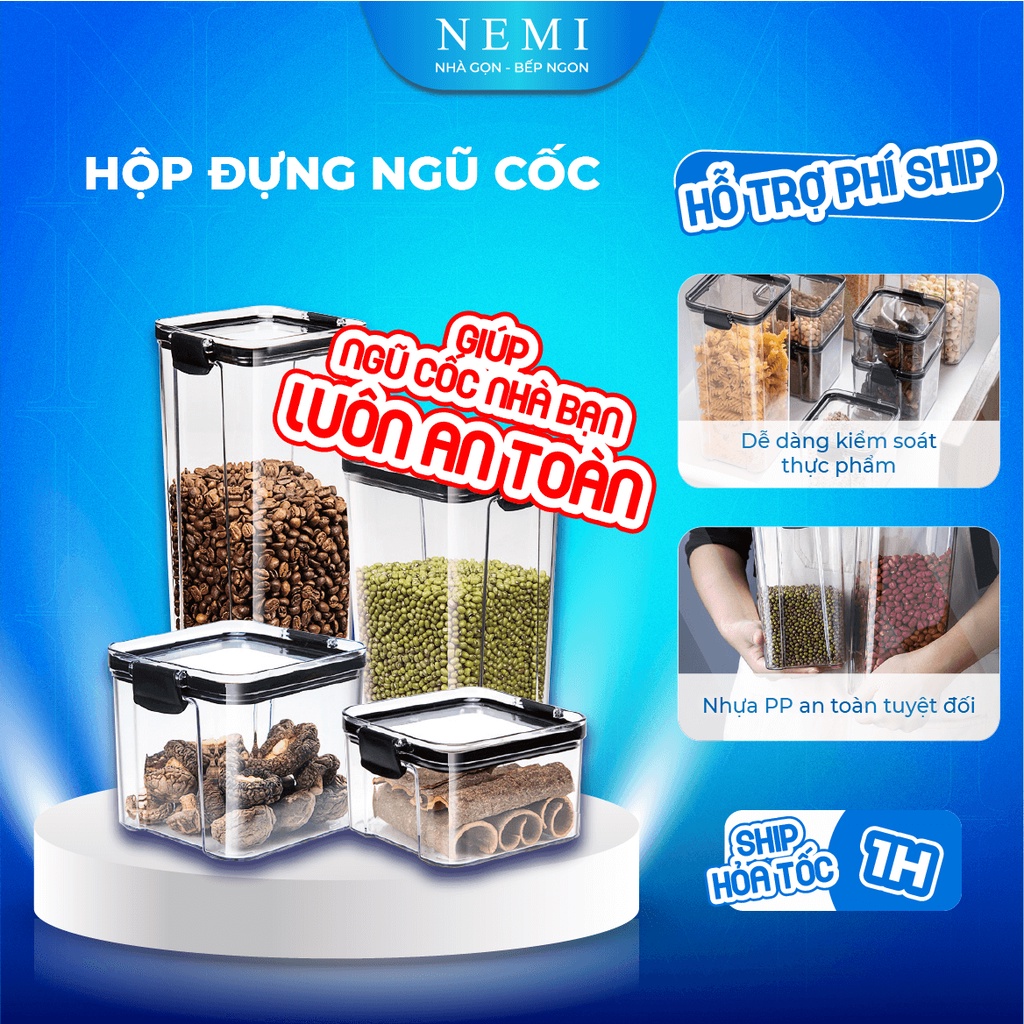 Hộp Nhựa Đựng Thực Phẩm NEMI Nắp Hộp Với Gioăng Cao Su Giúp Hộp Kín Tuyệt Đối Thiết Kế Trong Suốt