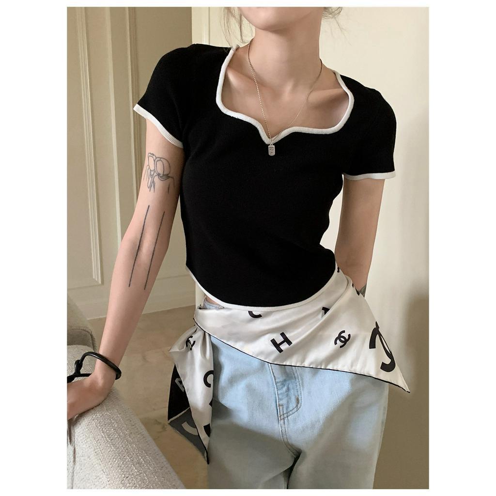 qkoole   Áo sweater Ngắn Tay Cổ Vuông Thiết Kế Lệch Tà Cá Tính Dễ Phối Đồ