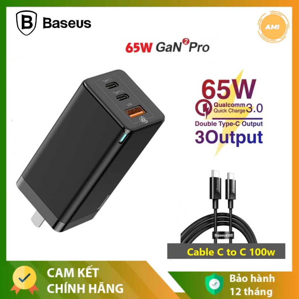 Củ Sạc Nhanh Gan2 Pro 65w Baseus - Cổng USB + 2 Type C - Sạc nhanh cho Điện Thoại /Máy Tính Bảng /Laptop - Chính hãng