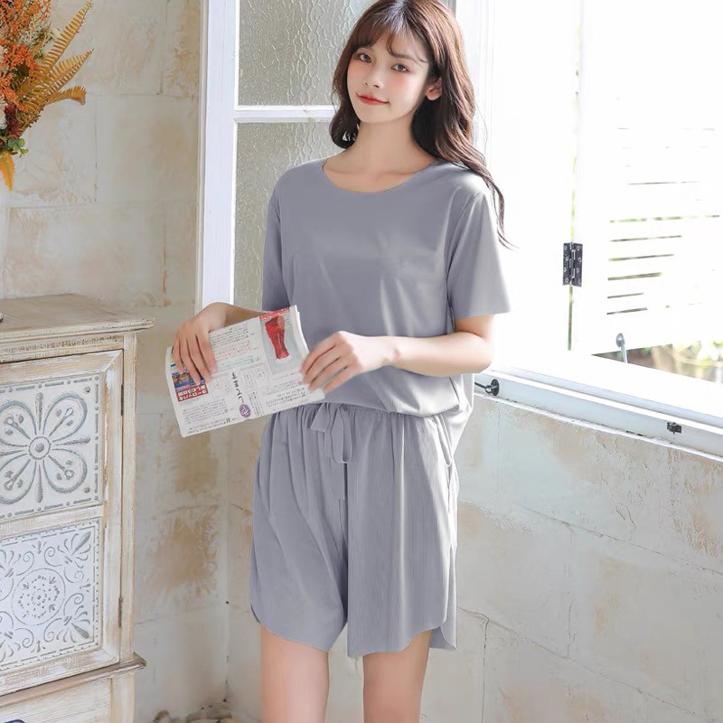 [Mã FASHIONXANH264 giảm 10K đơn 50K] Bộ ở nhà nữ mùa hè 2021 bộ thun lạnh cotton vải đúc su không đường may hàn quốc