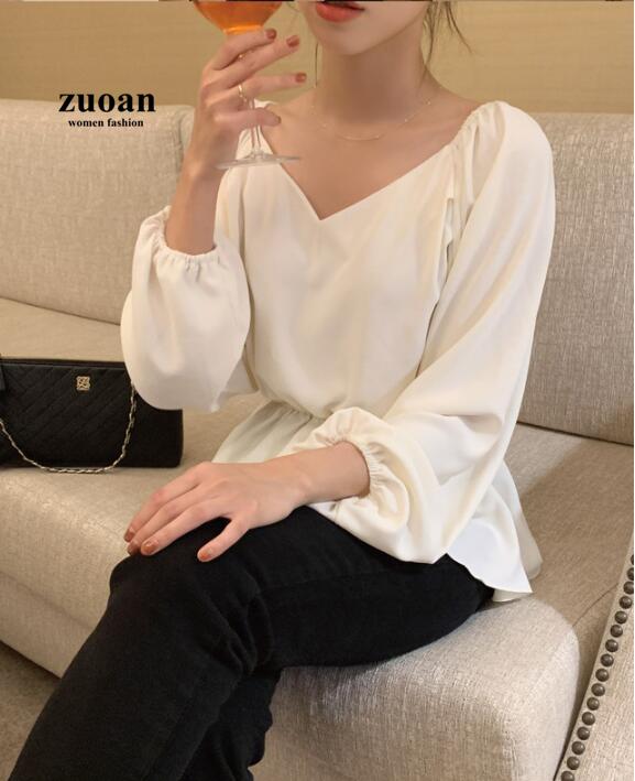 SUXI Áo Sơ Mi Tay Dài Cổ Chữ V Màu Trơn Thiết Kế Đơn Giản Phong Cách Hàn Quốc