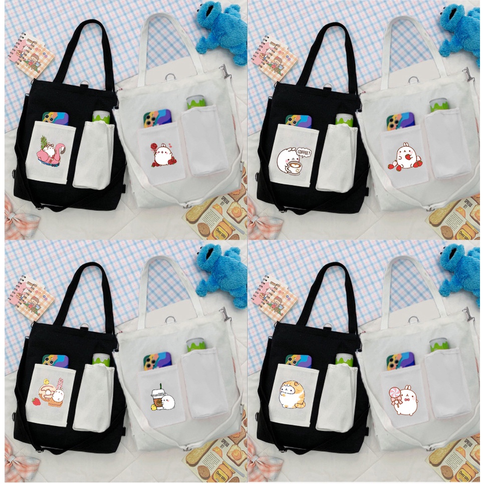 Túi Vải Tote Kiêm Balo ba anh em gấu TBL3 molang pusheen gấu brown tonton bé đào khủng long hoàng đế mèo capoo