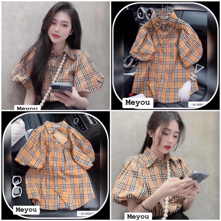 Áo sơmi cộc tay kẻ bbr tay bồng cá tính