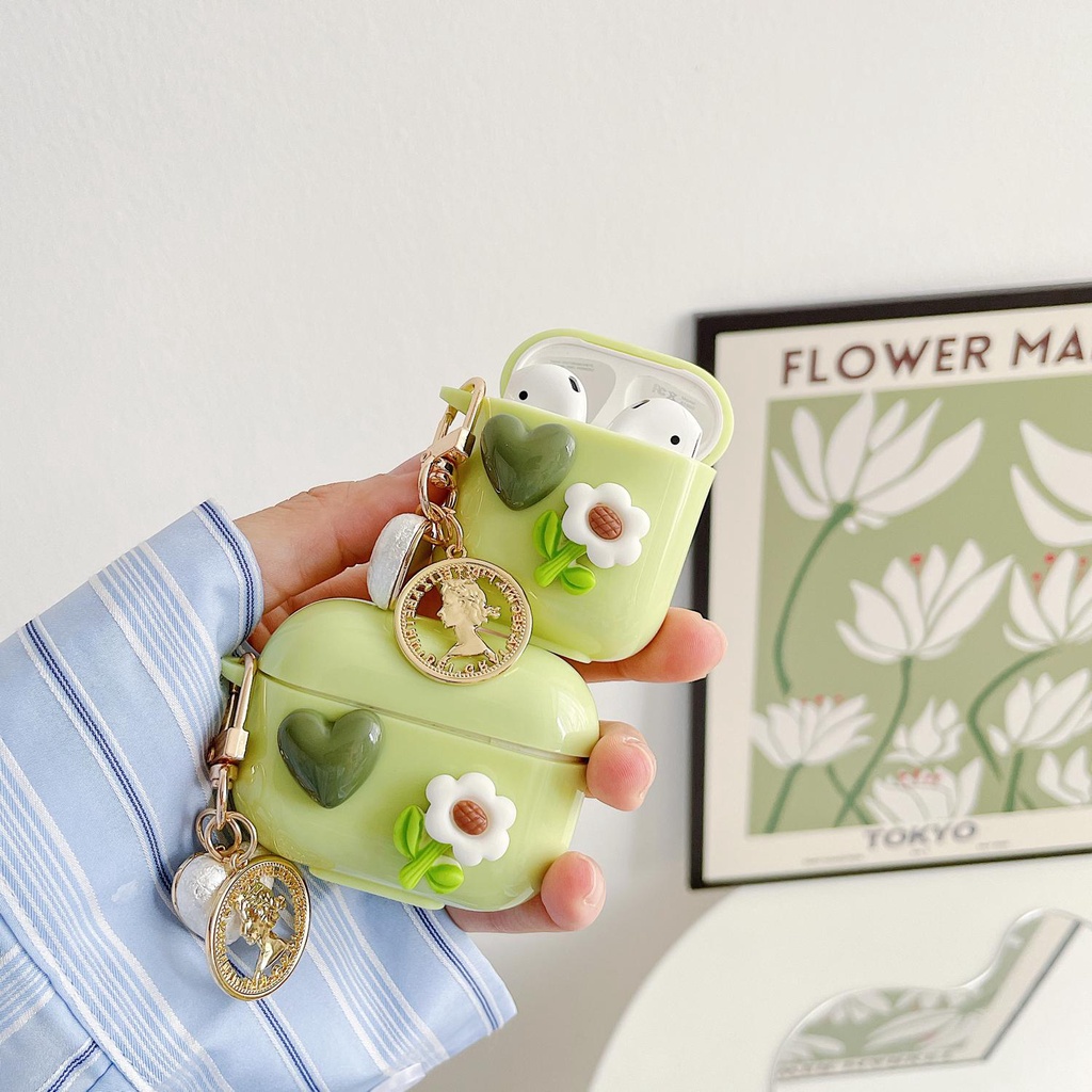 Green Love Heart  AirPods 1/2 Pro Case with Cain Shockproof Headset Protector Hard Case