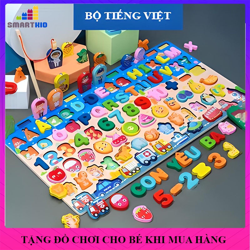 Bảng chữ tiếng Việt 7 trong 1 và 6 trong 1 bằng gỗ, đồ chơi trẻ em câu cá gỗ cho bé phát triển trí tuệ