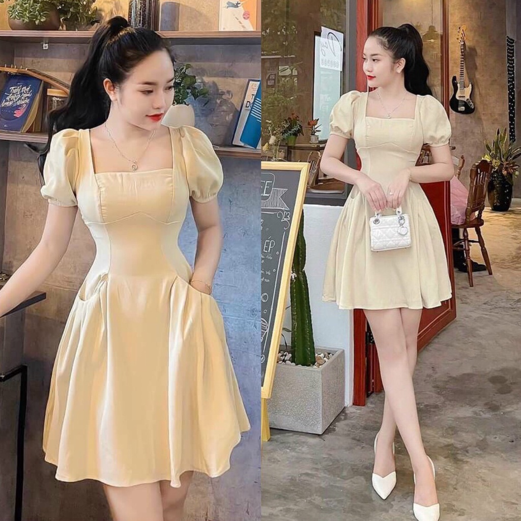 Đầm Váy Nữ Dáng Xoè Chất For Mềm Cổ Vuông Tay Phồng  Thời Trang Kiểu Cách Đi Chơi, Đi Dự Tiệc