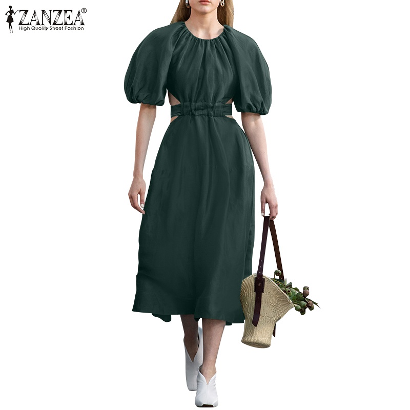 Đầm Zanzea thiết kế dài tay ngắn màu trơn thiết kế khoét eo phong cách châu Âu cho nữ