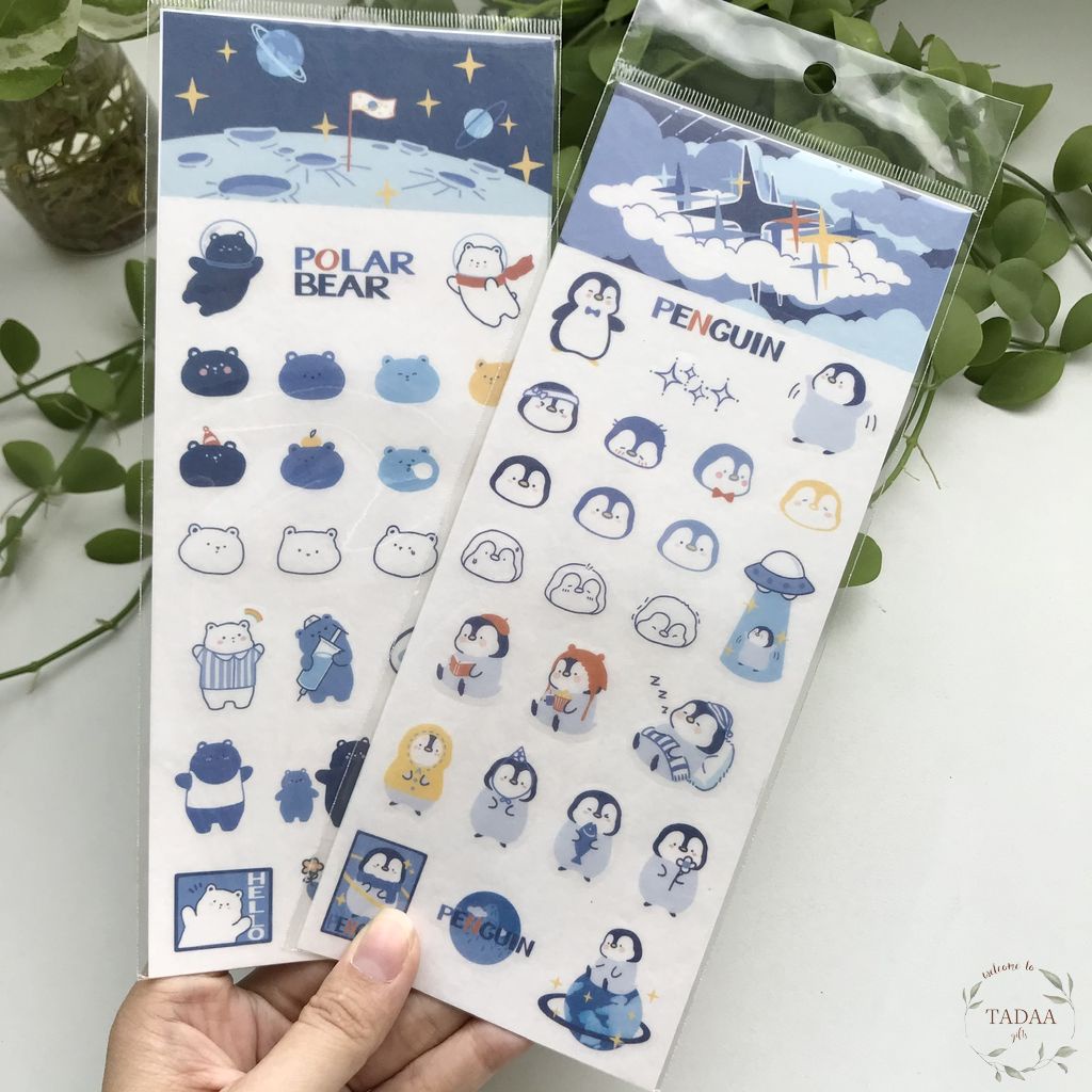 Sticker gấu xanh và chim cánh cụt xanh cute trang trí sổ tay, nhật ký, bullet journal