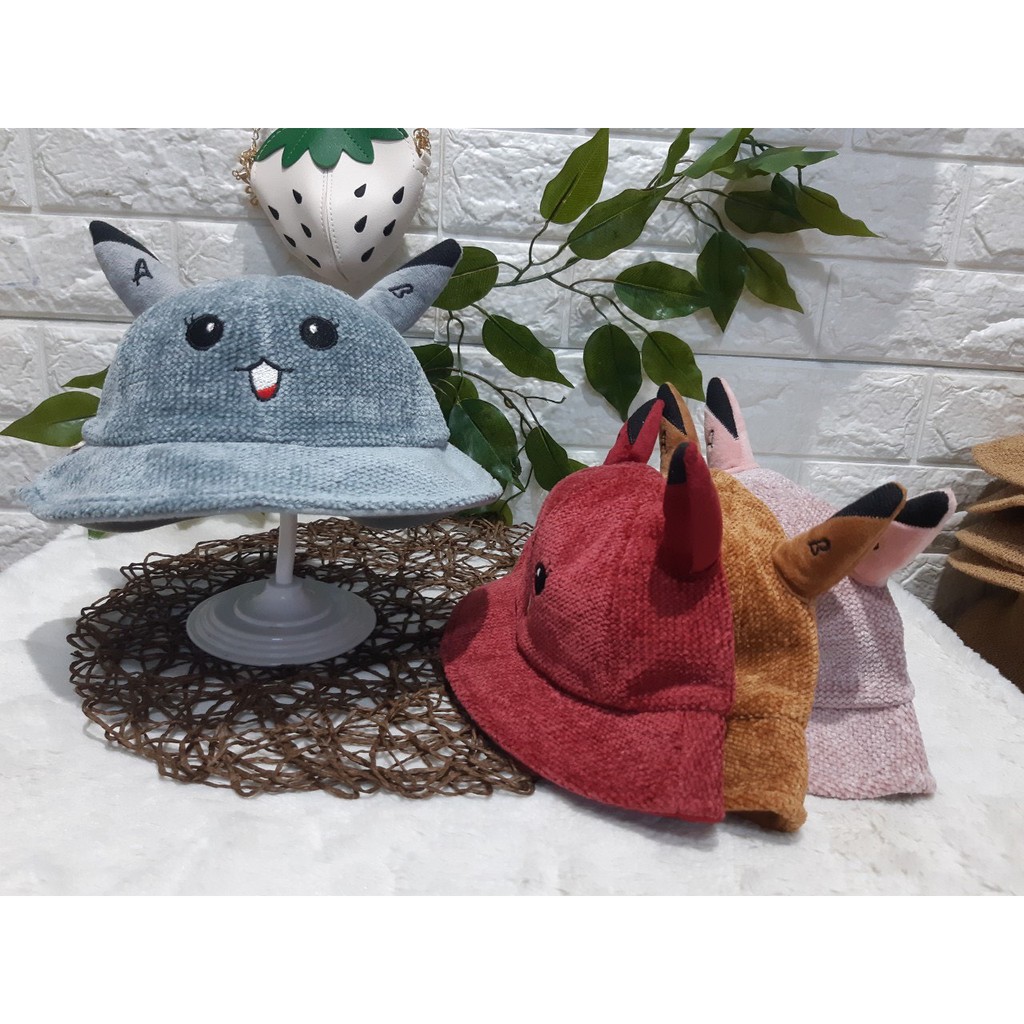 Nón - mũ tai bèo nhung Quảng Châu mềm mại hoạ tiết sừng Pikachu ngộ nghĩnh cho bé trai và gái từ 6th-2 tuổi