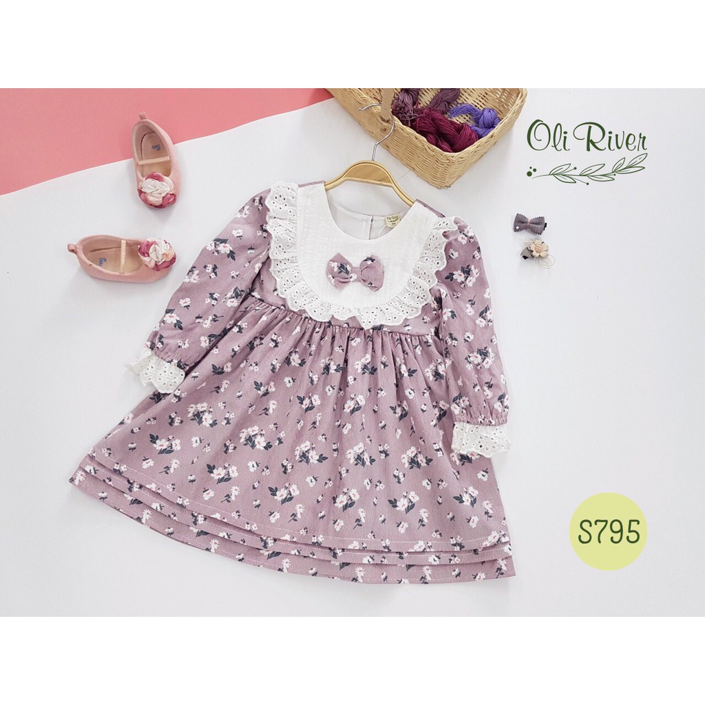 Đầm bé gái 1 - 10 tuổi, nhung tăm babydoll đắp bèo ở cổ và tay, vải xịn