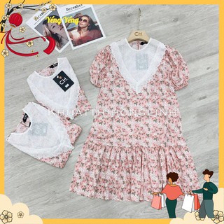 Vnu278 - váy hồng hoa trắng nhí cổ phối ren