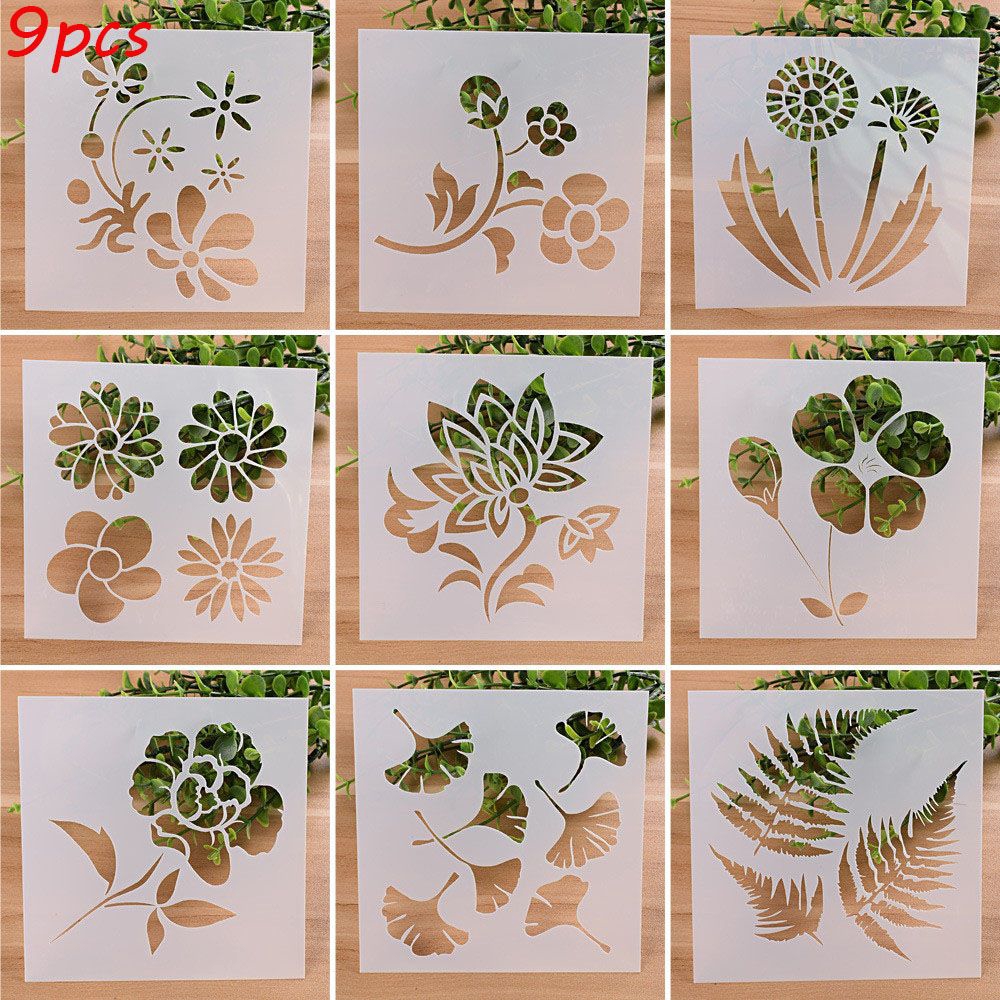 Set 9 khuôn mẫu hỗ trợ vẽ/tô màu họa tiết hoa và lá đẹp mắt kích thước 13*13cm dùng trang trí sách ảnh