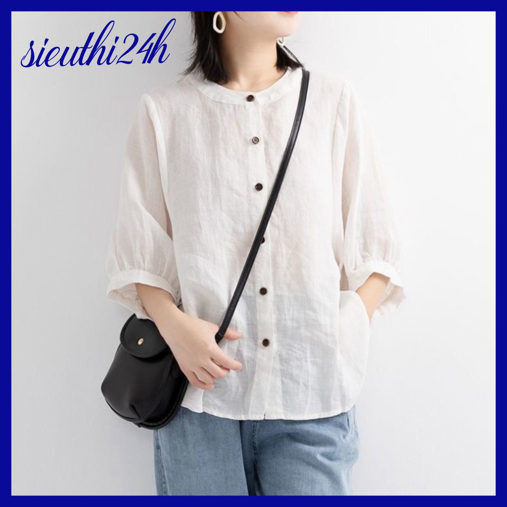 Sơ mi kiểu nữ bigsize cổ tàu Siêu thị 24 giờ, chất liệu mềm mát, form rộng che khuyết điểm SMH.34 | BigBuy360 - bigbuy360.vn
