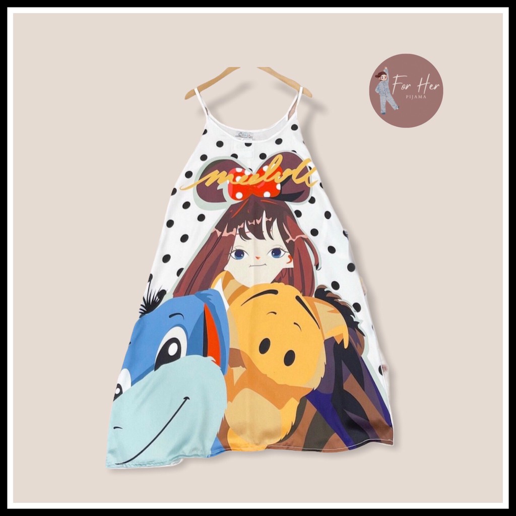 Váy Ngủ 2 Dây Lụa Satin Cao Cấp in Hình Cute