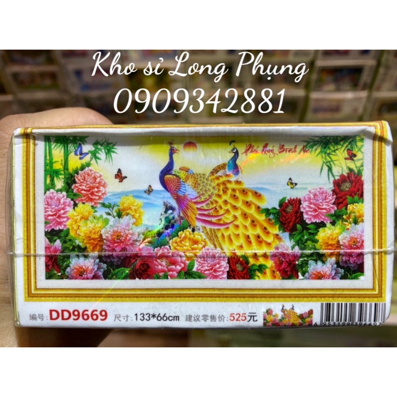 Tranh đính đá  -Tranh thêu chữ thập CHIM CÔNG Phú quý bình an D9669 133x66 cm