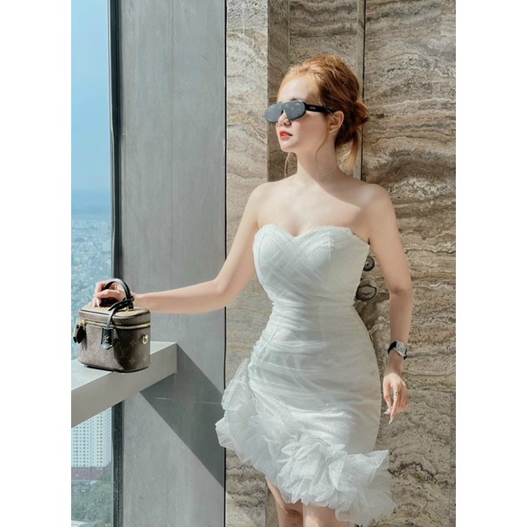 Đầm body lưới nhũ ngắn cúp ngực chân bèo Trắng đỏ Váy đi chơi dạo phố du lịch dự tiệc sang trọng party sinh nhật hotgirl