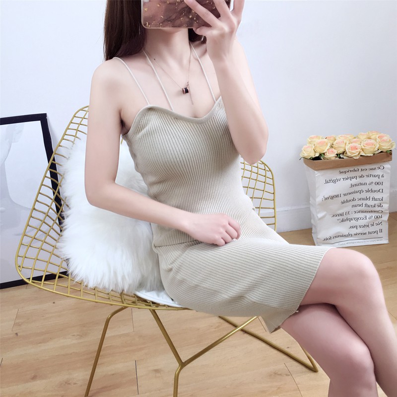 ❦xiaomonv2021❦ mùa hè Đầm hai dây ôm body màu trơn quyến rũ cho nữ