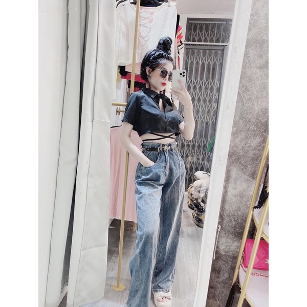 Set Áo Sơ Mi Croptop Kèm Bra Cá Tính Sexy Vải Đẹp From Ôm B110