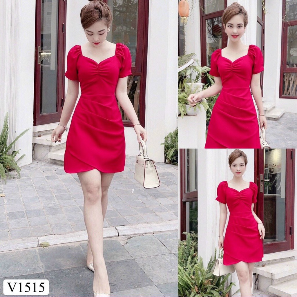 Đầm vạt chéo nhún ngực tay ngắn dễ thương có mút ngực
