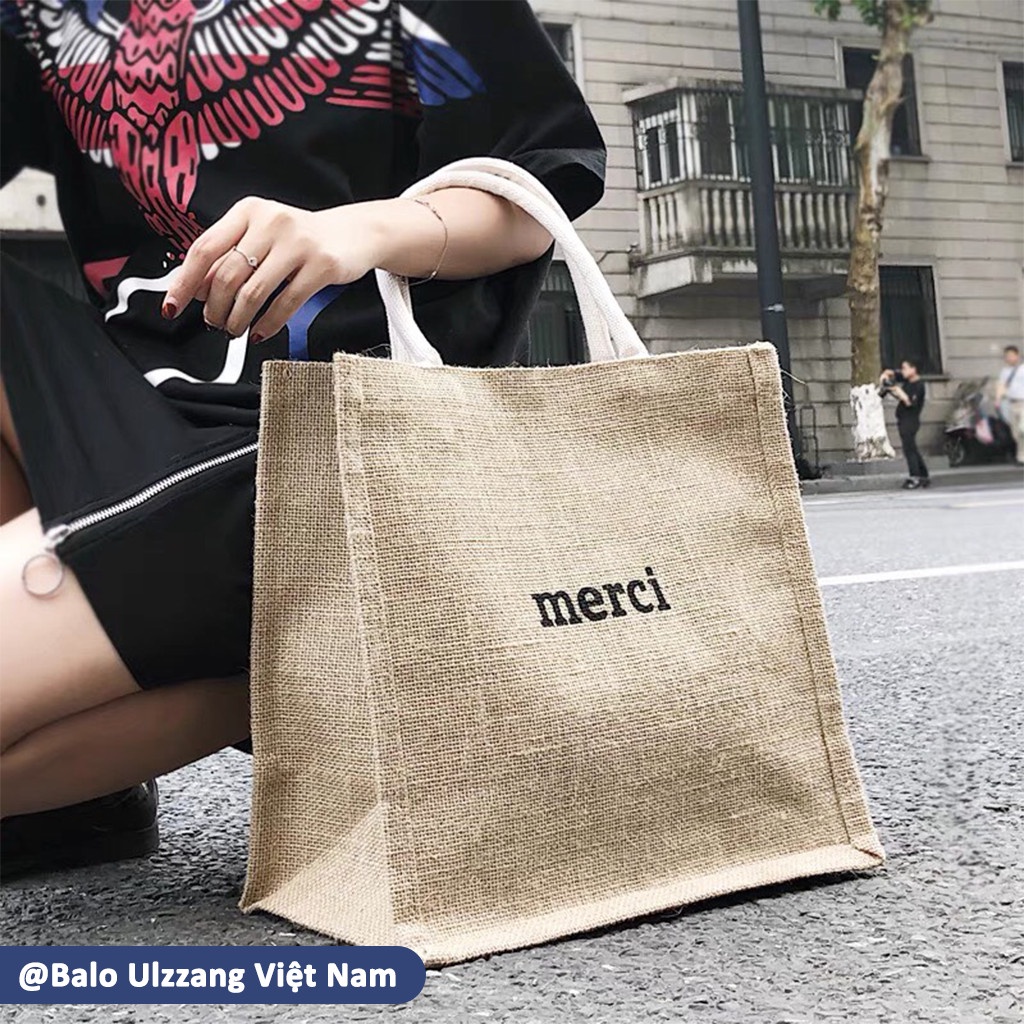 Túi cói đi biển Merci, túi cói du lịch vintage phong cách thời trang Hàn Quốc rẻ đẹp