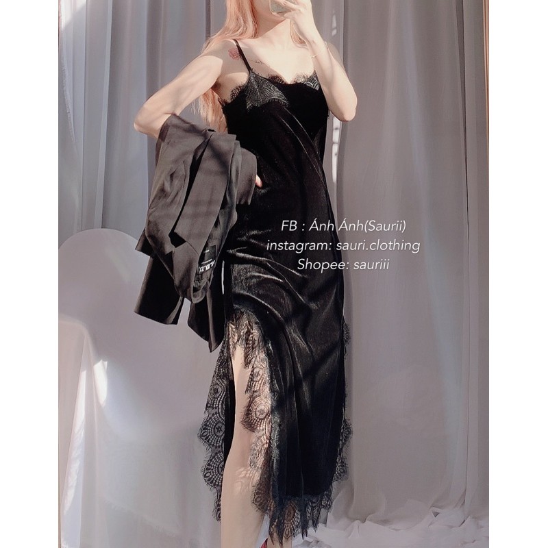 SẴN🖤Đầm dự tiệc 2 dây nhung pha ren sang chảnh quyến rũ sexy|Đầm suông maxi xẻ tà ren basic ôm body dáng dài | BigBuy360 - bigbuy360.vn