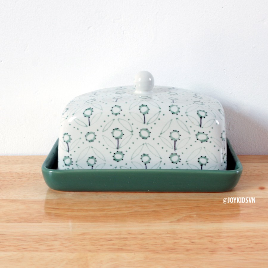 Đĩa Bơ Gốm IKEA In Hoa Xanh - IKEA Green Floral Ceramic Butter Dish