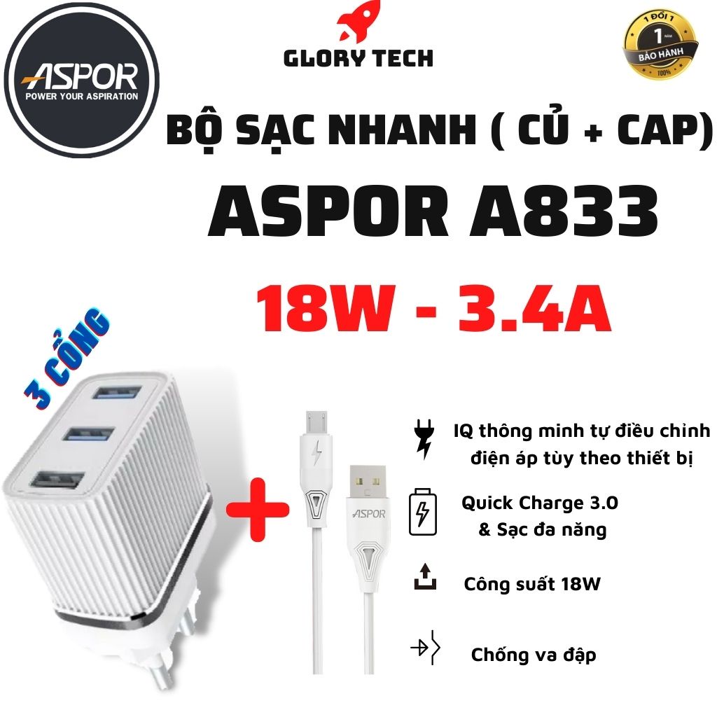 Bộ Củ Cáp Sạc Nhanh ASPOR A833 3 Cổng , Kiểm Soát Nhiệt Độ Thông Minh, Cung Cấp Dòng Điện Thích Ứng, An Toàn, Ổn Định