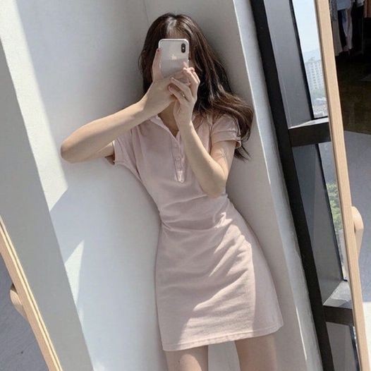 Váy Polo Vânmiushop- váy suông nữ cổ bẻ trên gối vải cotton 4 chiều đẹp