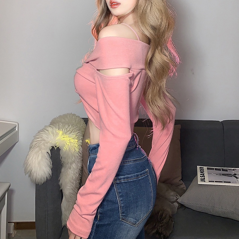 DUNEA Áo Croptop Tay Dài Thiết Kế Cổ Một Chữ V 3.3